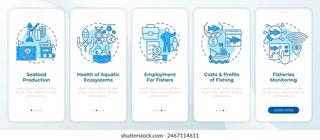 Pantalla azul del App móvil de la incorporación de la gestión del control de pesca. Tutorial 5 pasos: instrucciones gráficas editables con conceptos lineales. UI, UX, Plantilla GUI