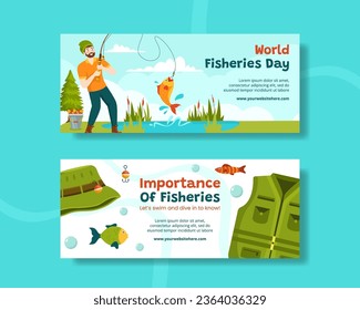 Fisheries Day Horizontal Banner Illustration Flat Cartoon Hand Drawn Templates Background