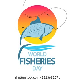 Fisheries Day World fish on the hook, vector art illustration.