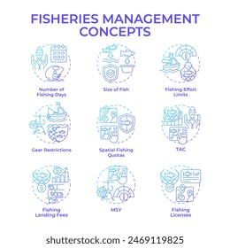 Fisheries management blue gradient concept icons. Marine ecosystem, seafood production. Icon pack. Vector images. Round shape illustrations for infographic, presentation. Abstract idea