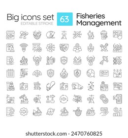 Fisheries management linear icons set. Fishing license, ecosystem health. Vessel tracking, monitoring. Customizable thin line symbols. Isolated vector outline illustrations. Editable stroke