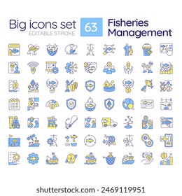 Fisheries management RGB color icons set. Fishery policy, fish harvesting. Aquatic ecosystem, ecology. Isolated vector illustrations. Simple filled line drawings collection. Editable stroke