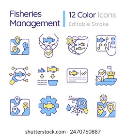 Fisheries management RGB color icons set. Fishing restriction, vessel registration. Fishery policy. Isolated vector illustrations. Simple filled line drawings collection. Editable stroke