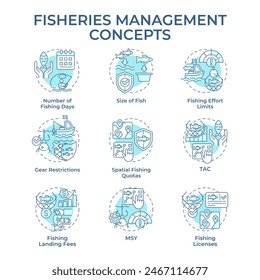 Fisheries management soft blue concept icons. Marine ecosystem, seafood production. Icon pack. Vector images. Round shape illustrations for infographic, presentation. Abstract idea