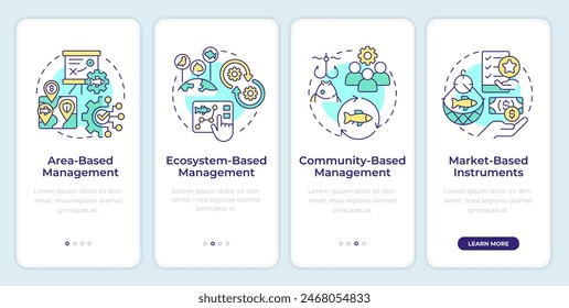 Fisheries management strategies onboarding mobile app screen. Walkthrough 4 steps editable graphic instructions with linear concepts. UI, UX, GUI template