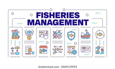 Fisheries management word concept isolated on white. Vessel registry, monitoring. Fishing aquaculture. Creative illustration banner surrounded by editable line colorful icons