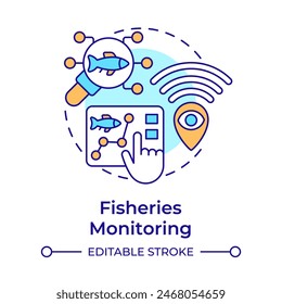 Fisheries monitoring multi color concept icon. Fish analysis. Aquatic ecosystem health. Round shape line illustration. Abstract idea. Graphic design. Easy to use in infographic, presentation