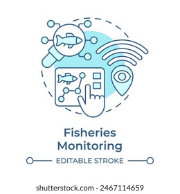 Icono de concepto de monitoreo de pesca azul suave. Análisis de peces. Salud del ecosistema acuático. Ilustración de línea de forma redonda. Abstractas idea. Diseño gráfico. Fácil de usar en infografía, presentación