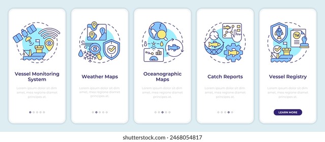 Fisheries monitoring tools onboarding mobile app screen. Walkthrough 5 steps editable graphic instructions with linear concepts. UI, UX, GUI template