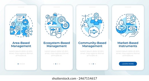 Fisheries strategy types blue onboarding mobile app screen. Walkthrough 4 steps editable graphic instructions with linear concepts. UI, UX, GUI template