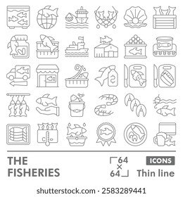 Fisheries symbols collection or sketches. seafood theme icons in thin line style signs for web and app. Vector graphics isolated on white background