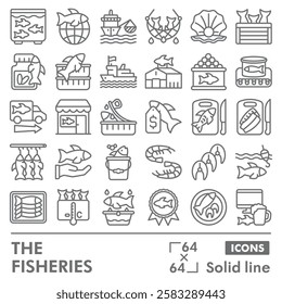 Fisheries symbols collection or sketches. seafood theme icons in line style signs for web and app. Vector graphics isolated on white background