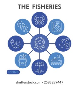 Fisheries symbols collection or sketches. seafood theme icons in line style signs for web and app. Vector graphics isolated on white background