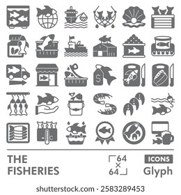 Fisheries symbols collection or sketches. seafood theme icons in glyph style signs for web and app. Vector graphics isolated on white background