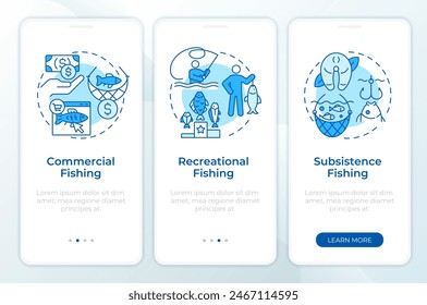 Fisheries types blue onboarding mobile app screen. Walkthrough 3 steps editable graphic instructions with linear concepts. UI, UX, GUI template