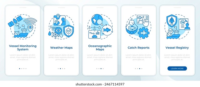 Fisheries workflow monitoring blue onboarding mobile app screen. Walkthrough 5 steps editable graphic instructions with linear concepts. UI, UX, GUI template