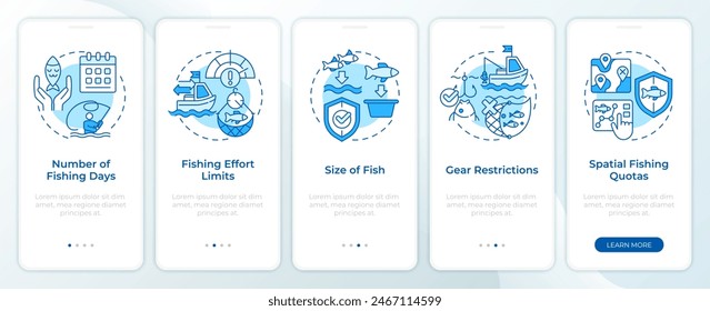 Fisheries workflow organization blue onboarding mobile app screen. Walkthrough 5 steps editable graphic instructions with linear concepts. UI, UX, GUI template