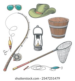 Fisherman accessories. Fishing rod bucket sack night lamp glasses wobbler hat isolated vector illustration