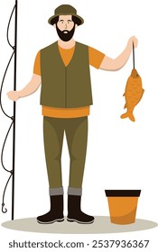 Fisherman Activity Character with Cartoon Design and Shape. Vector Illustration.