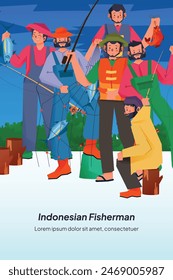 Fisherman activity flat design illustration for social media post