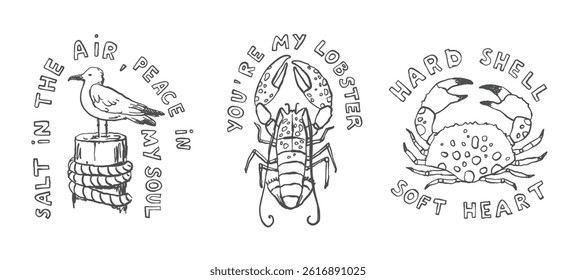 Fisherman aesthetic line art, hand drawn maritime doodles, nautical outline illustrations