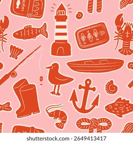 Pescador padrão de doodle estético extravagante. Arte contemporânea fundo marinho. Textura sem costura com elementos de praia e mar para papel de parede, papel de embrulho, design têxtil