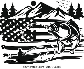 Fisherman With American Flag Destressed and Mountain Background