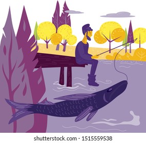 Fisherman or angler fishing on river or lake bank and forest landscape background. Recreation water sport outdoor and hobby. Leisure time activity on nature. Flat cartoon vector illustration.