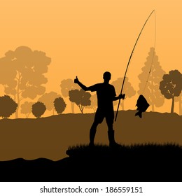 Fisherman, angler vector background landscape concept with trees and river