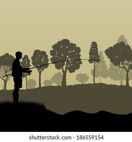 Fisherman, angler vector background landscape concept with trees and river