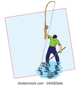 Fisherman angling for fish using a landing net. Vector illustration.