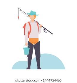 Fisherman with Backpack Standing with Bucket and Fishing Rod Vector Illustration