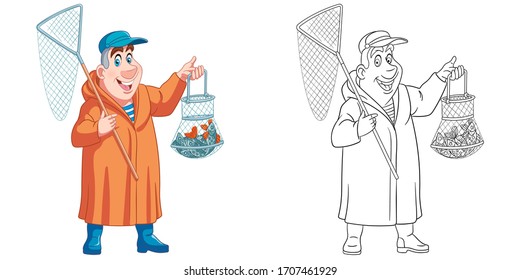 Fisherman With Bag Full Of Catched Fish. Coloring Page And Colorful Clipart Character. Cartoon Design For T Shirt Print, Icon, Logo, Label, Patch Or Sticker. Vector Illustration.