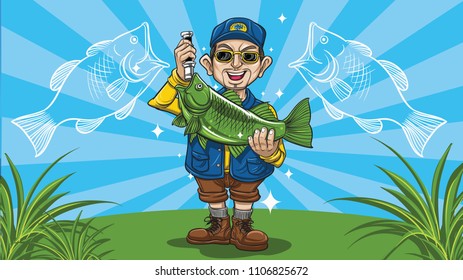 Fisherman. Bass fishing. Happy fisherman character hold fish. Vector flat cartoon illustration