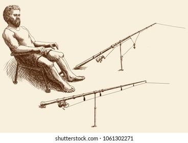 A fisherman with a beard in a chair on a shore with two fishing rods
