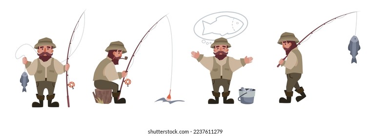 Fisherman with a beard in different poses. Sportsman with fishing equipment and fish, catching fish, sport and hobby, vector character set. Illustration on a white background, isolated