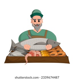 Fisherman with beard and wearing green hat sells his fresh catch of fish at the local market. Fresh organic products. Flat vector illustration.