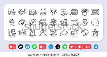 Fisherman, Bicycle helmet and Gps line icons pack. Social media: share, comment, like icons. Buyer, Sale, Grill web icon. Add handbag, Creative idea, Puzzle image pictogram. Vector
