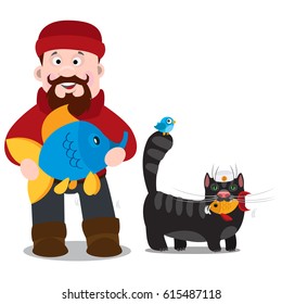 A fisherman with a big fish and a black cat cartoon funny characters.