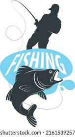 A fisherman with a big fish catch. Sport fishing symbol. Fisherman athlete catching fish