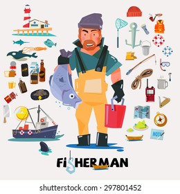 fisherman with big fish in hand. fishery icon set. graphic element. typographic design .character design. - vector illustration