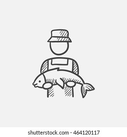 Fisherman with big fish sketch icon for web, mobile and infographics. Hand drawn vector isolated icon.