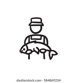 Fisherman with big fish vector sketch icon isolated on background. Hand drawn Fisherman with big fish icon. Fisherman with big fish sketch icon for infographic, website or app.