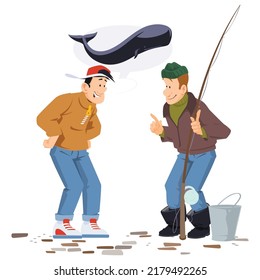 Fisherman boasts catch to his friend. Successful fishing. Braggart man. Illustration concept template for website, web landing page, banner, presentation, social, poster, promotion or print media.