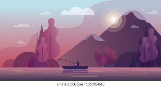 Fisherman in a boat catches fish in the background of the mountains. Vector illustration.