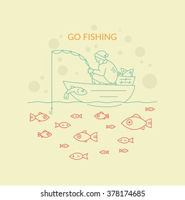Fisherman in the boat catching fish. Modern line style cincept of man trying to achieve something. 