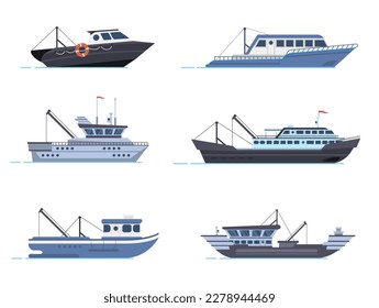 Fisherman boat, commercial vessels. Transportation on sea or ocean. Fish catching transport, water vehicles for logistic industry boat isolated vector illustration set. Maritime concept