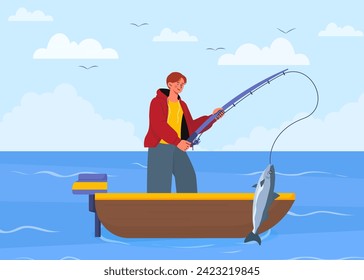 Fisherman at boat concept. Man with fishing rod at lake or sea. Young guy with fish. Active lifestyle and leisure outdoor. Character in sunny day. Cartoon flat vector illustration