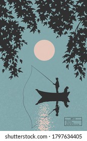 Fisherman in boat with dog framed by branches. Man isolated silhouette catch fish with fishing rod. Pink sun on blue texture background. Vector illustration for use in polygraphy, textile, decor
