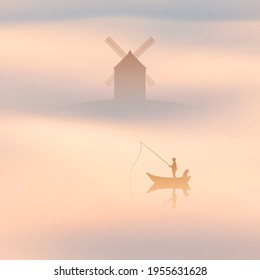 Fisherman in boat with dog. Man with fishing rod. Old windmill in fog